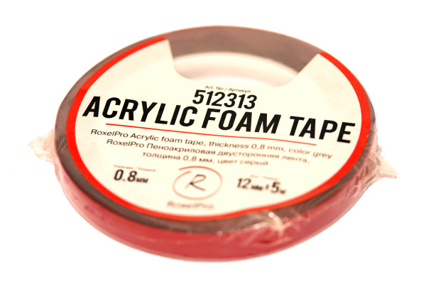 512313 RoxelPro Пеноакриловая двусторонняя лента, толщина 0,8мм, 12мм*5м, серая