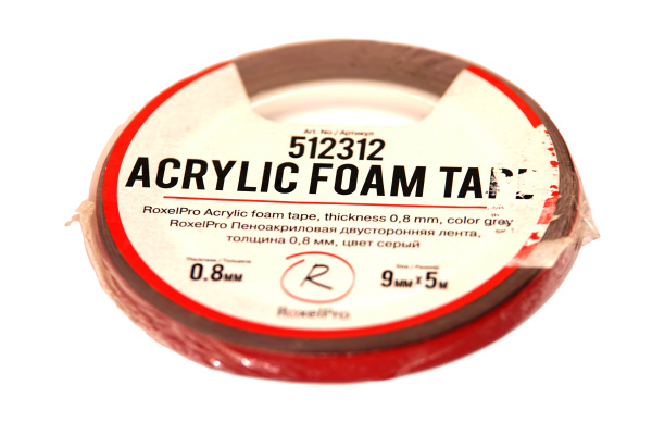 512312 RoxelPro Пеноакриловая двусторонняя лента, толщина 0,8мм, 9мм*5м, серая