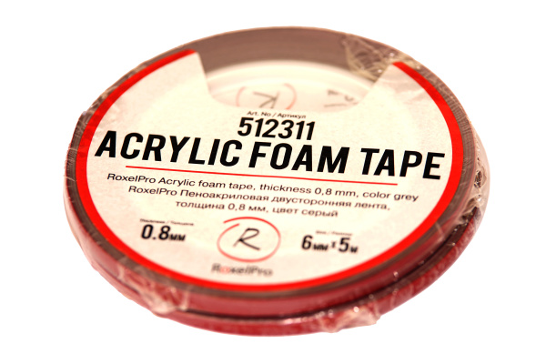 512311 RoxelPro Пеноакриловая двусторонняя лента, толщина 0,8мм, 6мм*5м, серая