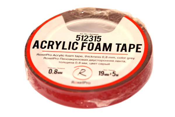 512315 RoxelPro Пеноакриловая двусторонняя лента, толщина 0,8мм, 19мм*5м, серая
